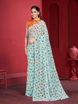 Garden VARELI - Sea Green Floral Printed Velvet Saree with Unstitched Blouse