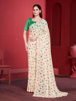 Garden VARELI - Cream Floral Printed Velvet Saree with Unstitched Blouse