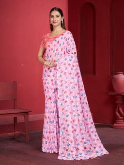 Garden VARELI - Pink Floral Printed Velvet Saree with Unstitched Blouse