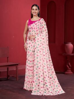 Garden VARELI - Pink Floral Printed Velvet Saree with Unstitched Blouse