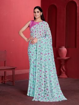 Garden VARELI - Sea Green Floral Printed Velvet Saree with Unstitched Blouse