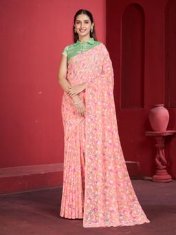 Garden VARELI - Peach Floral Printed Velvet Saree with Unstitched Blouse