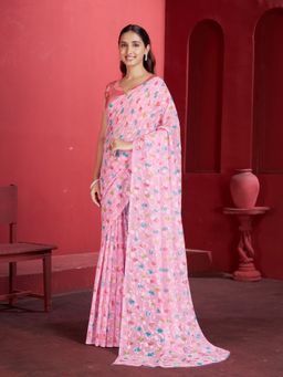 Garden VARELI - Pink Floral Printed Velvet Saree with Unstitched Blouse