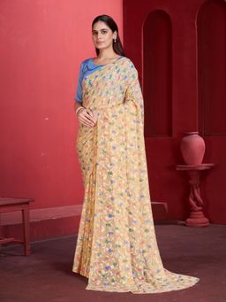 Garden VARELI - Yellow Floral Printed Velvet Saree with Unstitched Blouse