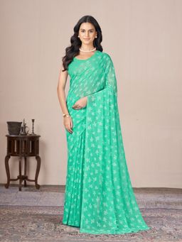 Garden VARELI - Green Floral Printed Viscose Saree Without Blouse