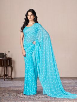 Garden VARELI - Turquoise Floral Printed Viscose Saree Without Blouse