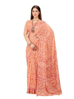 Garden VARELI - Peach Polyester Floral Saree with Unstitched Blouse