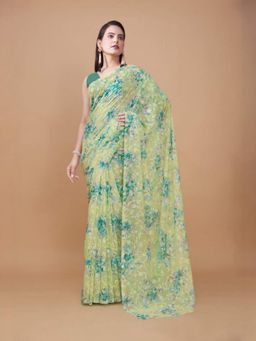 Garden VARELI - Green Polyester Floral Saree Without Blouse