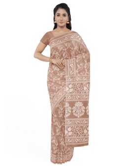 Garden VARELI - Brown Floral Printed Velvet Saree Without Blouse