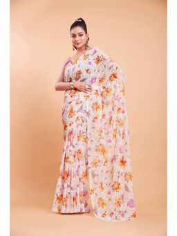 Garden VARELI - White Floral Printed Velvet Saree Without Blouse