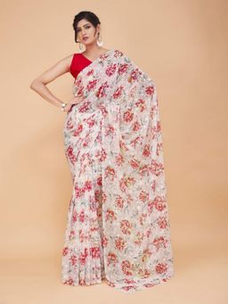 Garden VARELI - White Polyester Floral Saree Without Blouse