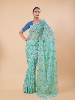 Garden VARELI - Turquoise Polyester Floral Saree Without Blouse