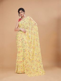 Garden VARELI - Yellow Floral Printed Brasso Saree Without Blouse
