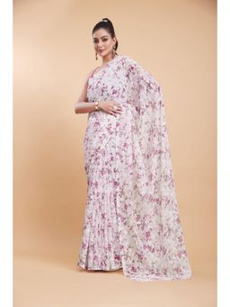 Garden VARELI - White Floral Printed Velvet Saree Without Blouse
