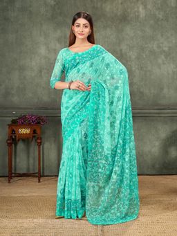 Garden VARELI - Green Printed Velvet Saree with Unstitched Blouse