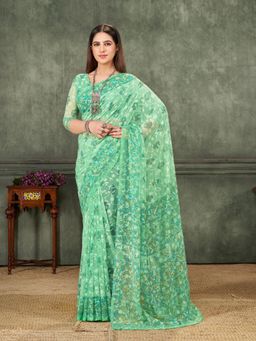 Garden VARELI - Green Floral Printed Velvet Saree with Unstitched Blouse