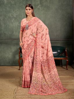 Garden VARELI - Peach Floral Printed Velvet Saree with Unstitched Blouse
