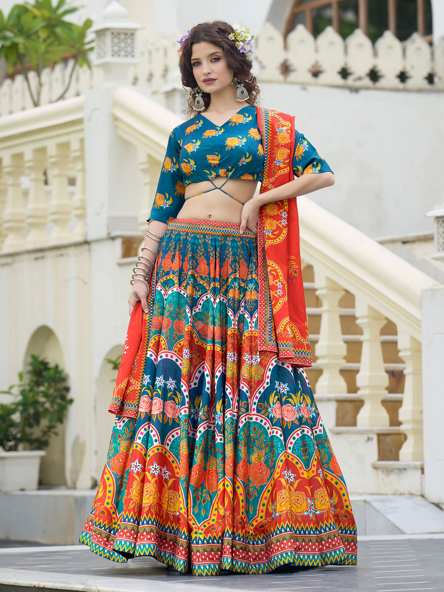 purvaja Women Blue Printed Stitched Lehenga and Unstitched Blouse with Dupatta-picture-12