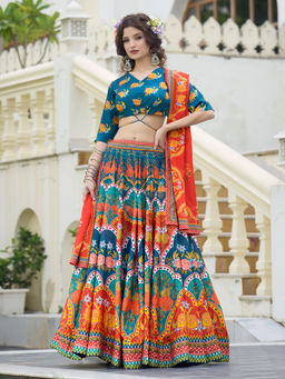 PURVAJA - Women Blue Printed Stitched Lehenga and Unstitched Blouse with Dupatta