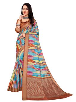 Garden VARELI - Brown Geometric Printed Linen Blend Saree with Unstitched Blouse