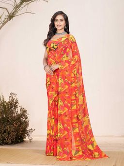 Garden VARELI - Orange Abstract Printed Georgette Saree Without Blouse
