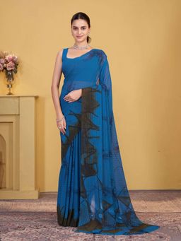Garden VARELI - Blue Floral Printed Georgette Saree Without Blouse
