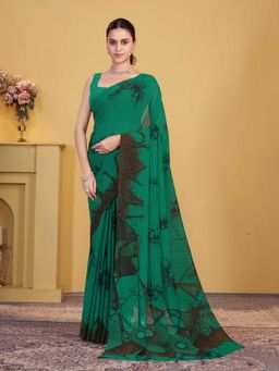 Garden VARELI - Green Floral Printed Georgette Saree Without Blouse
