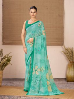 Garden VARELI - Green Floral Printed Georgette Saree Without Blouse