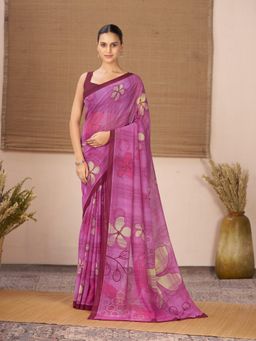 Garden VARELI - Magenta Floral Printed Georgette Saree Without Blouse