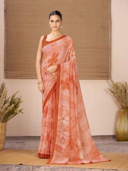 Garden VARELI - Orange Floral Printed Georgette Saree Without Blouse