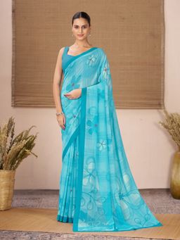 Garden VARELI - Turquoise Floral Printed Georgette Saree Without Blouse