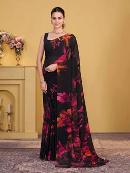 Garden VARELI - Black Floral Printed Georgette Saree Without Blouse