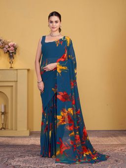 Garden VARELI - Blue Floral Printed Georgette Saree Without Blouse