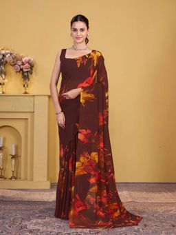 Garden VARELI - Brown Floral Printed Georgette Saree Without Blouse