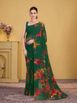 Garden VARELI - Green Floral Printed Georgette Saree Without Blouse