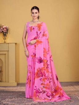 Garden VARELI - Pink Floral Printed Georgette Saree Without Blouse