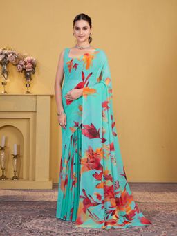 Garden VARELI - Turquoise Floral Printed Georgette Saree Without Blouse