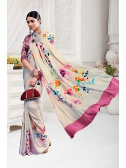 Garden VARELI - Cream Floral Printed Satin Saree with Unstitched Blouse
