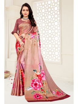 Garden VARELI - Brown Floral Printed Satin Saree with Unstitched Blouse