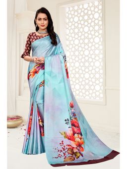 Garden VARELI - Blue Floral Printed Satin Saree with Unstitched Blouse