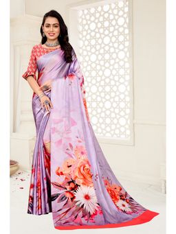 Garden VARELI - Purple Floral Printed Satin Saree with Unstitched Blouse