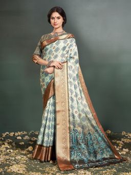 Garden VARELI - Blue Printed Silk Saree with Unstitched Blouse