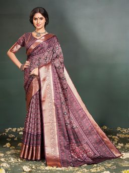 Garden VARELI - Wine Geometric Printed Silk Saree with Unstitched Blouse