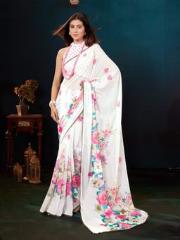 Garden VARELI - White Floral Printed Linen Blend Saree with Unstitched Blouse