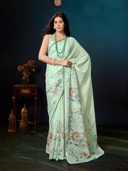 Garden VARELI - Green Printed Linen Blend Saree Without Blouse