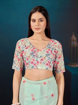 Garden VARELI - Green Floral Printed Linen Blend Saree Without Blouse