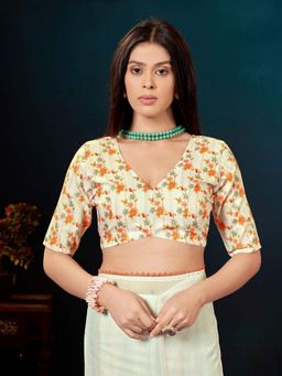 Garden VARELI - Orange Printed Linen Blend Saree with Unstitched Blouse