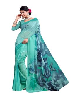 Garden VARELI - Turquoise Blue Printed Georgette Saree Without Blouse