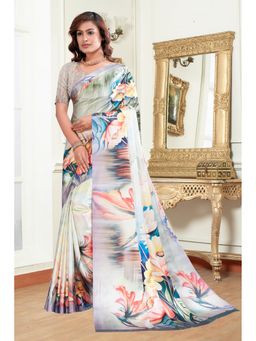 Garden VARELI - White Floral Printed Satin Saree with Unstitched Blouse