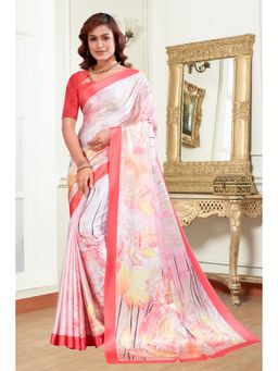 Garden VARELI - White Floral Printed Satin Saree with Unstitched Blouse